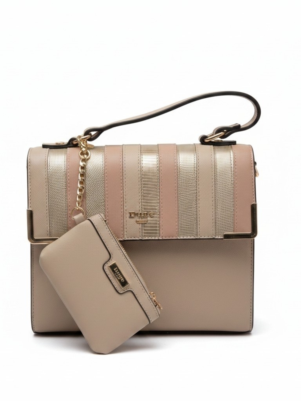 Dune London Beige & Pink Striped Top-Handle Satchel with Pouch